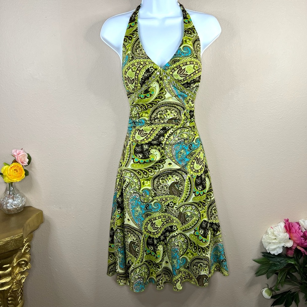 S Ruby Rox Green Paisley Event Party Cocktail Dress Halter Small Stretch